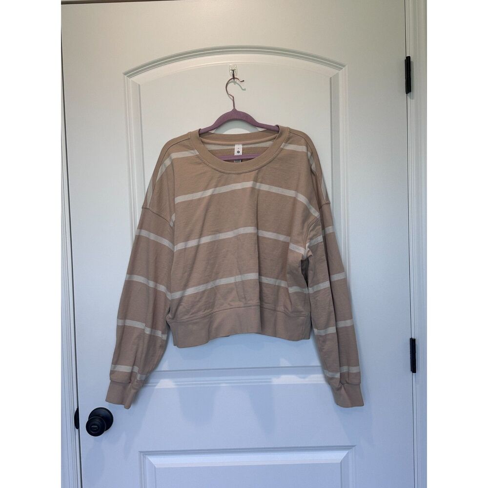 Lululemon Perfectly Oversized Cropped Crew Sweatshirt Tan White Striped Size 10